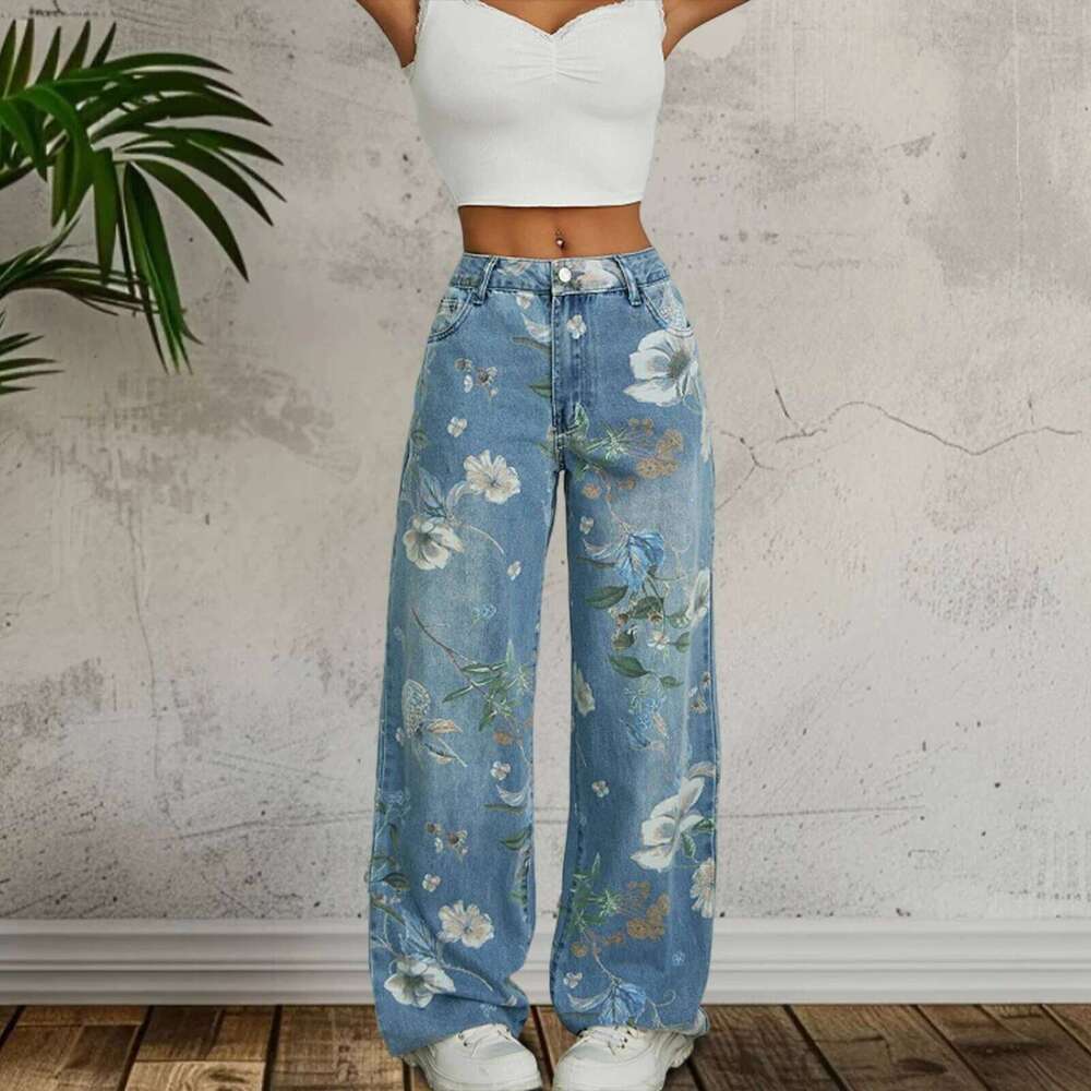 2025 New Y2K Women's Floral Print Denim Pants Lightweight Mid Waist Loose Wide Leg Jeans Trousers Z260313