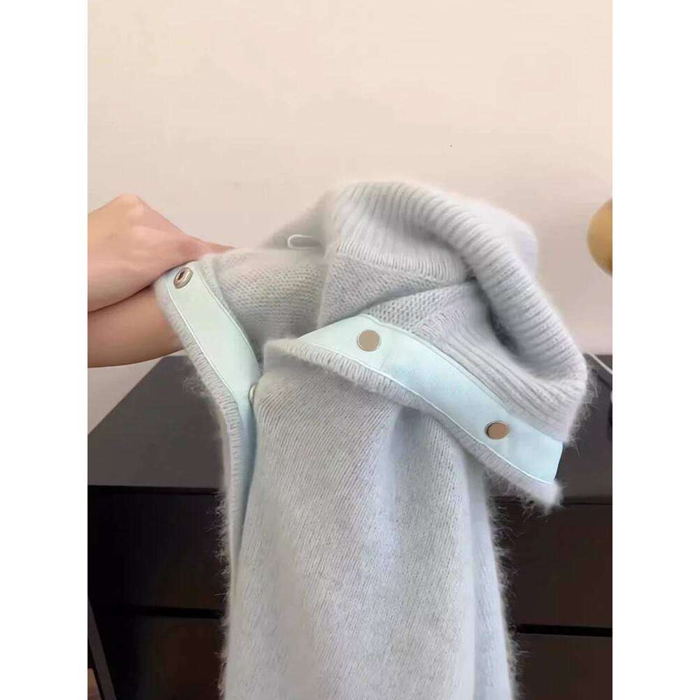 Women New Turn-down Blue Sweater Single Row Concealed Buckle Style Autumn Winter Soft Solid High Collar Knitted Cardigan Z260313