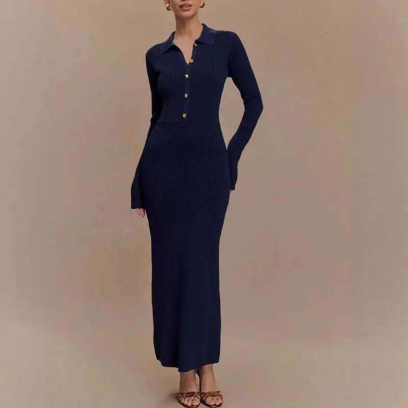 French Autumn and Winter Knitted Dress Women's Slim Fit Button Comfortable Temperament Elegant Sleeved Versatile Long Skirt Z260314