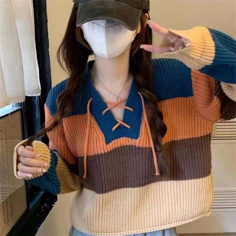 Biyaby Preppy Style V-Neck Sweater for Women Lace-Up Long Sleeve Knitted Pullover Loose Fit Autumn Wear 2025 Ladies Fashion Z260314