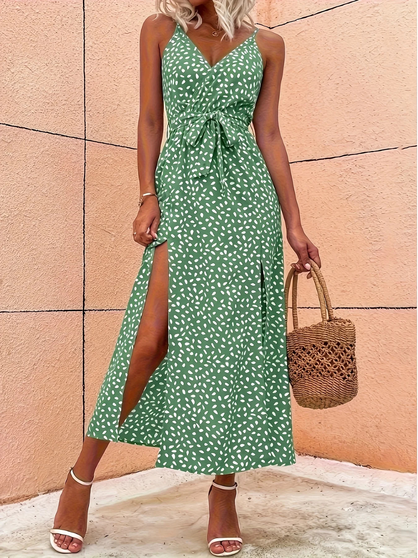 Elegant Ladies Spotted Print Splitn Halter Dress with WaistCinching Feature Fashionable Womens Summer 260313