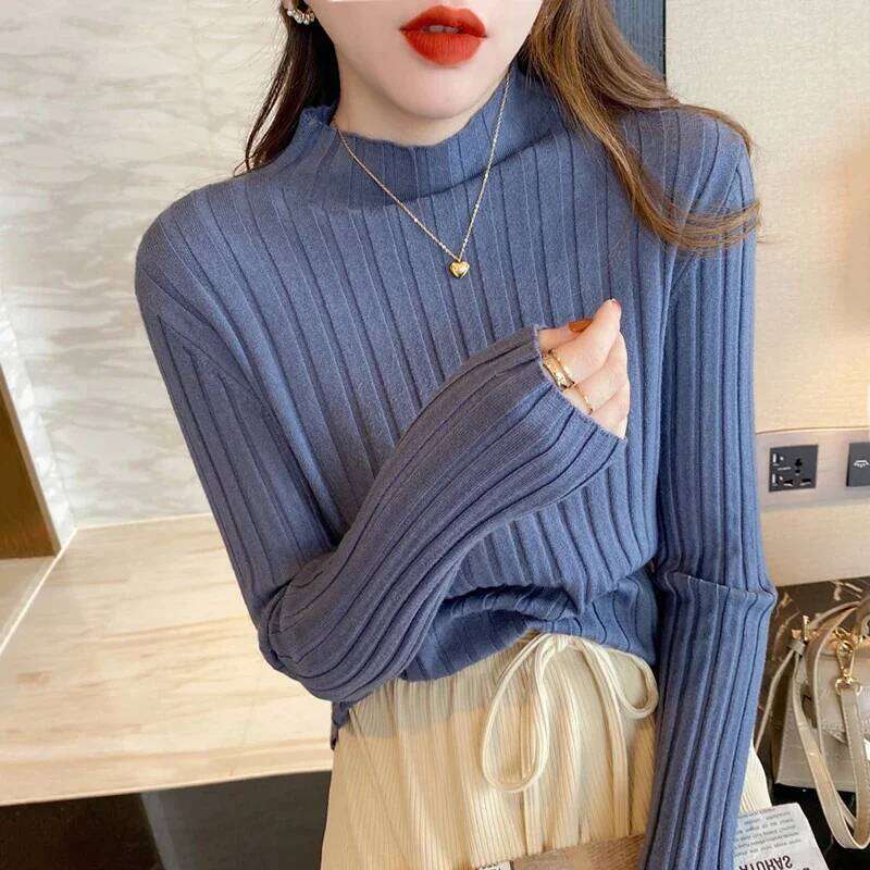 Sweaters Sueters De Mujer White Knitted Pullovers New Long Sleeve Mock Neck Knit Sweater Pullover Women Tops Q1768 Z260314