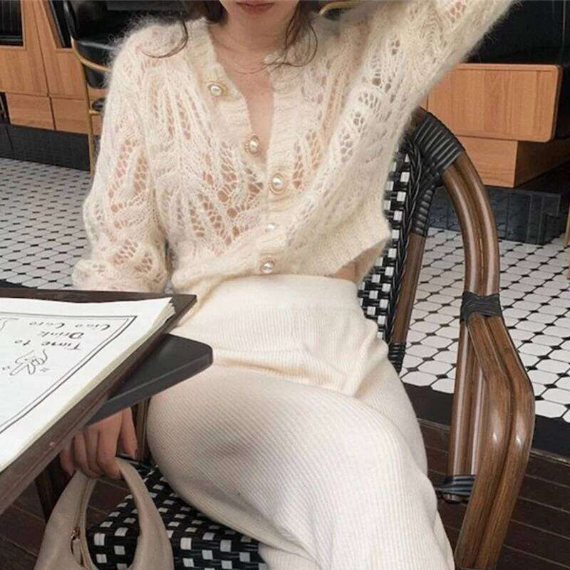 2025 French Style Mohair Cardigan Sweater Women Autumn Sexy Hollow Out Short Knitted Coats Mujer Y2K Chic Design Streetwear Tops Z260313