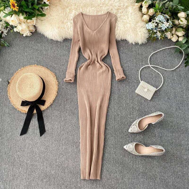 New Women Autumn Knitted V Neck Sexy Slim Elastic Oversized Basic Bodycon Sweater Winter knit Warm Long Dress Z260314