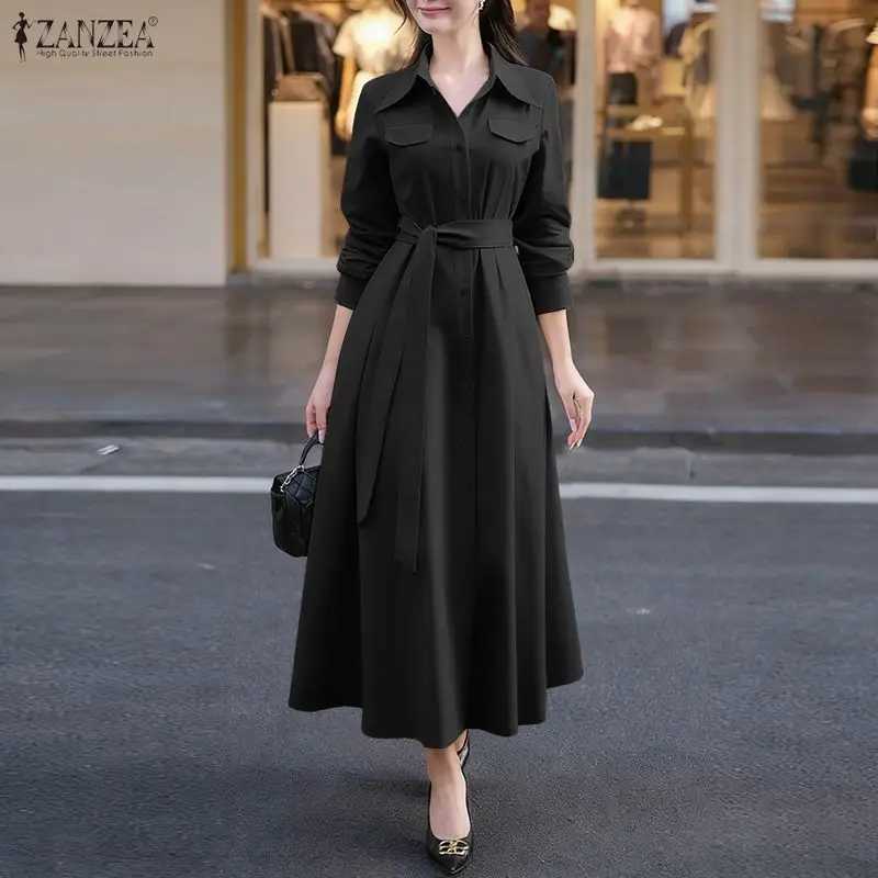 ZANZEA Womens Elegant Maxi Shirt Dresses Turn-Down Collar Long Sleeve Button Up Tie-Waist Long Dress Minimalist Woman ClothesT260316