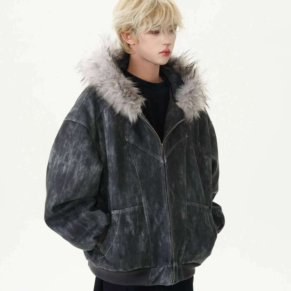 Man Jacket Autumn Winter American Streetwear Thicken Fur Hooded Pocket Male Cargo Coat Long Sleeve Versatile Men Outerwear Z260313