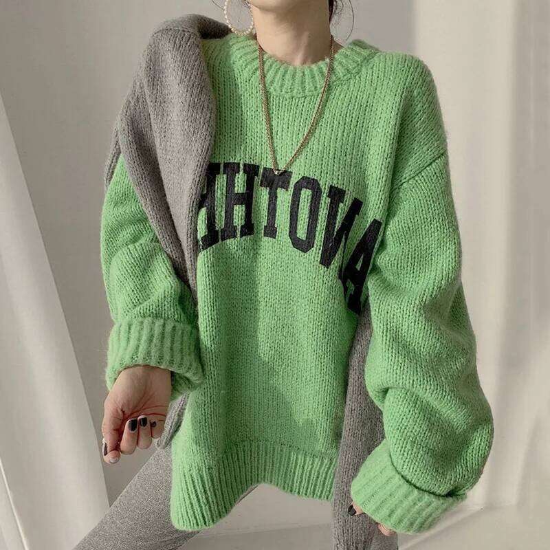 Women Winter Warm Candy Color New Fashion Pullovers Clothes Loose Thicken Sweater Knitted O Neck Letter Print Knitwear Z260313