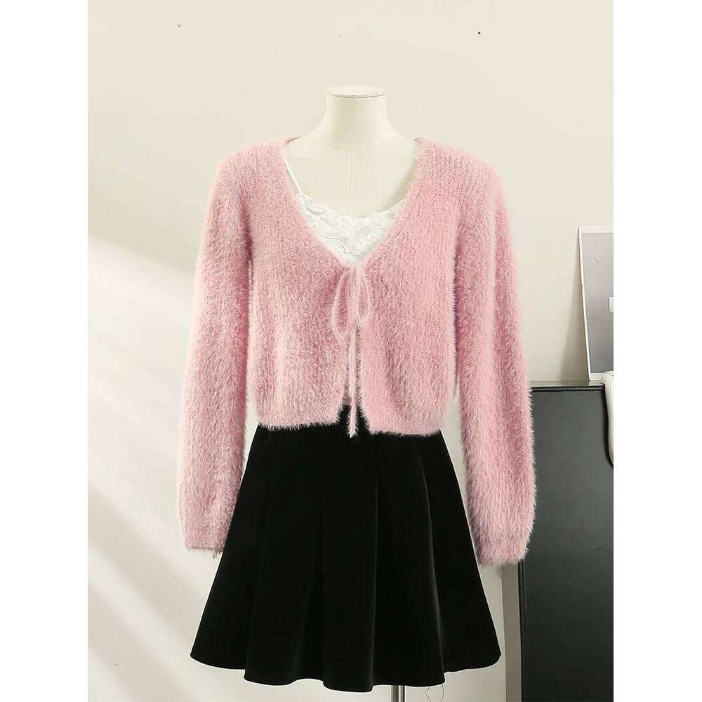 Women Lace Up V-neck Plush Knitted Cardigan Autumn Winter New Korean Version Sweet Versatile Look Thin Sweater Long Sleeve Top Z260313