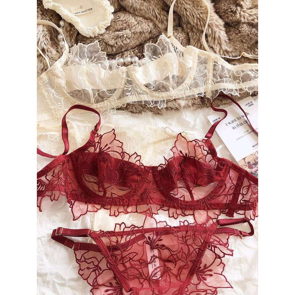 French Underwear Sexy Lace Flowers Embroidery Bra Set Women Intimates Summer Ultra Thin Breathable Bralette Lingerie Panties