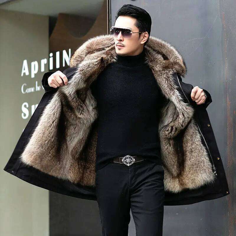 Parker Men's Liner Winter Warm New One-piece Imitation Mink Fleece Mid-length Fur Coat Z260313