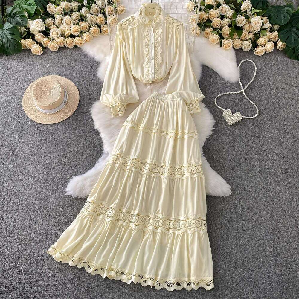 2026 soft style blue thick lace patchwork stand up collar A17 lantern sleeve shirt two-piece set high waist slimming cake skirt