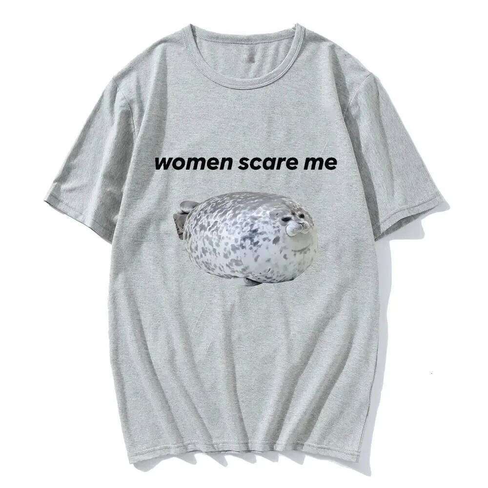 Scare Me Funny Seal Meme Graphic Print Tee Women Casual T-shirt Humor T Shirt Novelty T-Shirt Japanese Tops Z260314