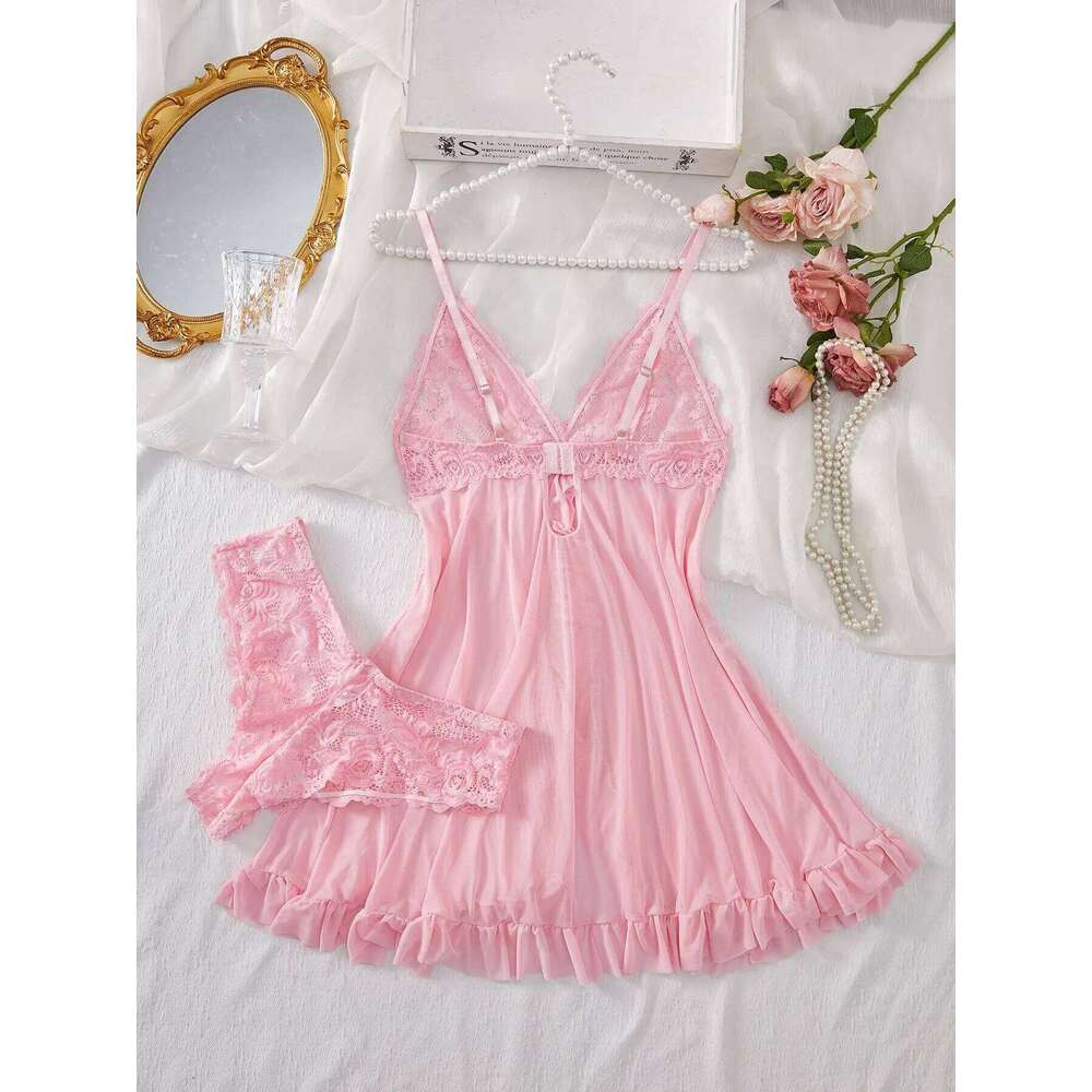 Lingerie Set Women Erotic Bra Nightdress Sexy Lace Solid Slim Soft V Neck Full Slip Sleepwear & Dresses