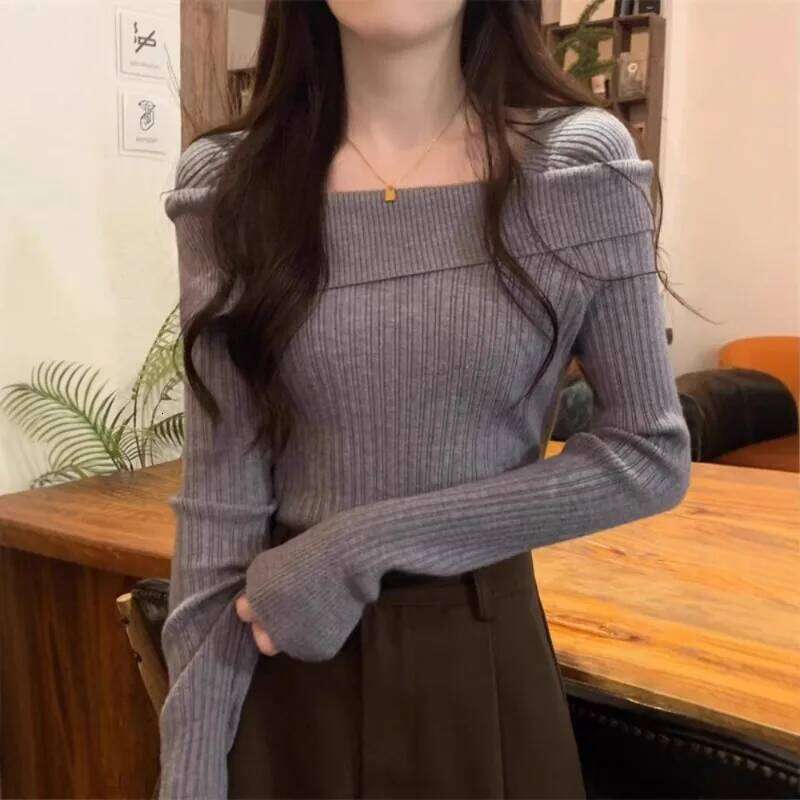 Solid Sexy Slim Off Shoulder Slash Neck Long Sleeve Knitting Sweater Women Jumpers Office Fashion New Z260314