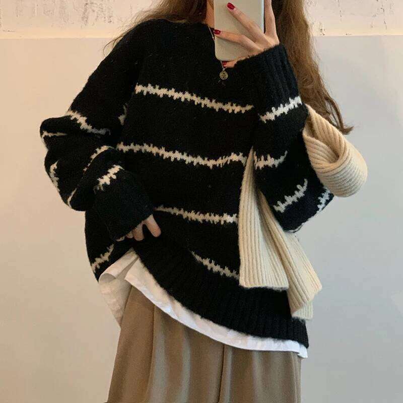 Women Sweater Casual Pullovers Autumn Winter Basics Knitted Korean Loose Striped O-neck Long Sleeve Elegance Sweet Z260314