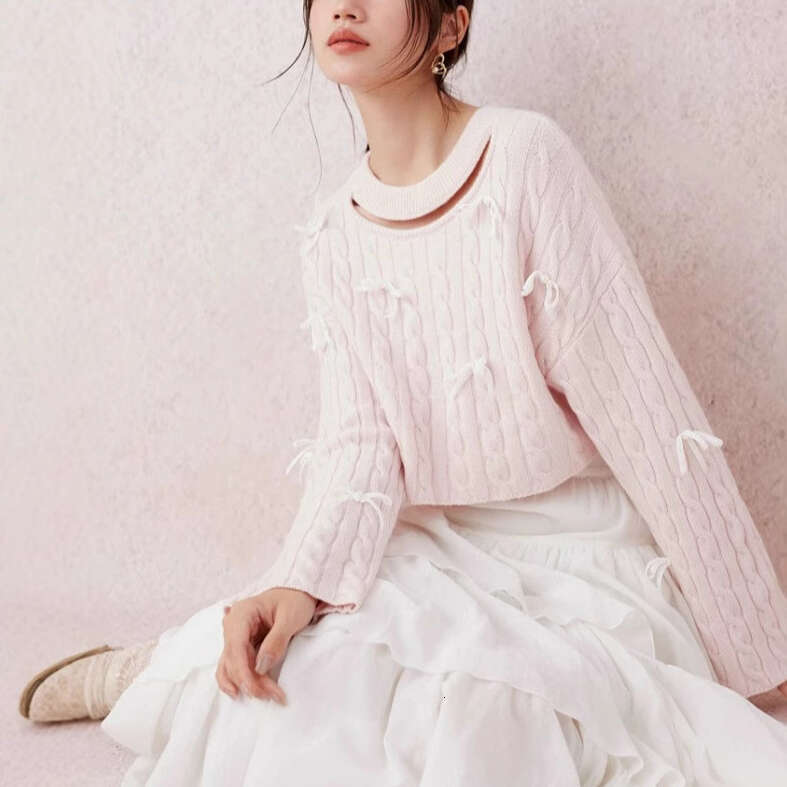 2026 Autumn/Winter New Designer Women's Bow Beaded Fluffy c10 Knitted Hollow Knitted Sweater