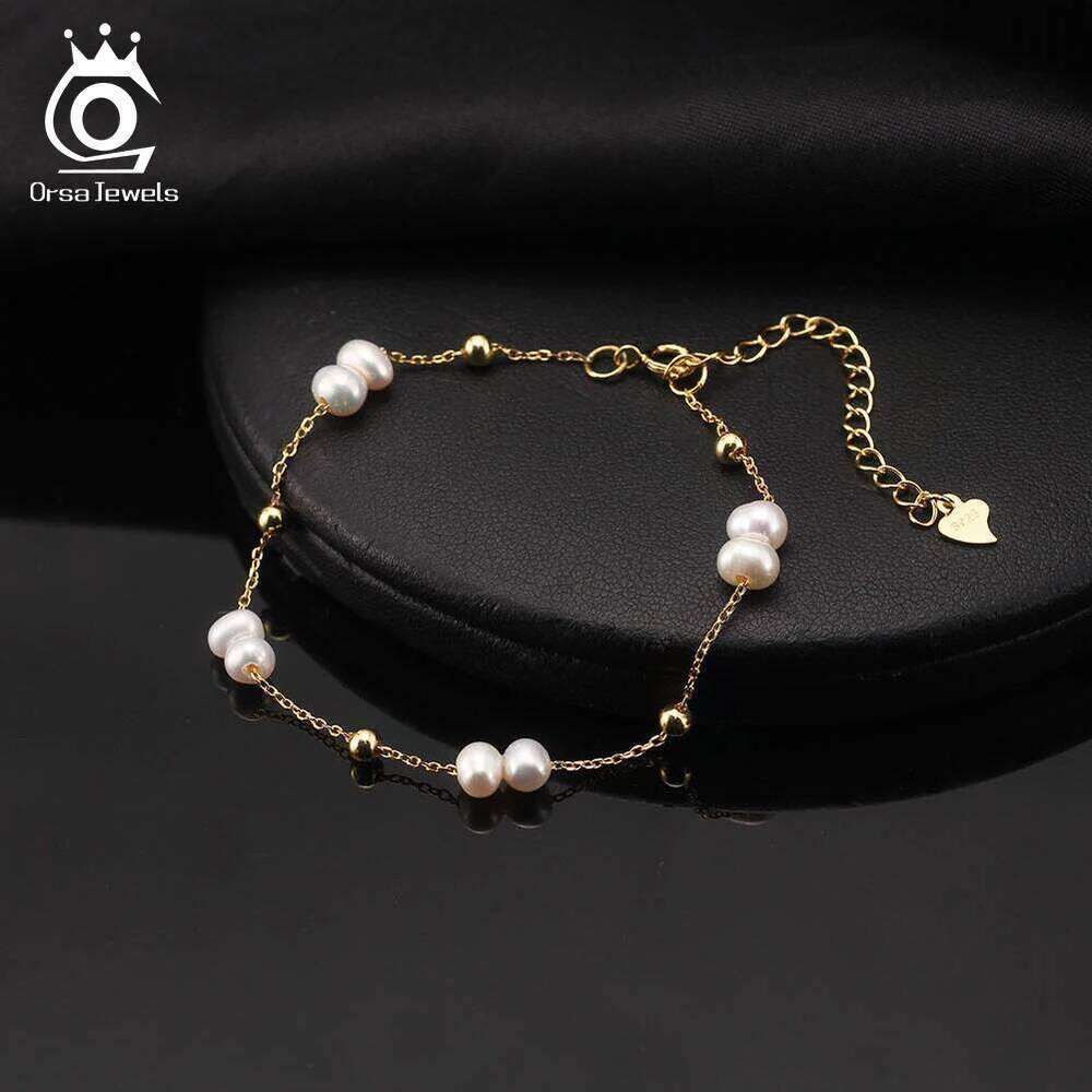 ORSA JEWELS 925 Sterling Silver Pearls Chain Vinatge 14K Gold Pearl Beads Bracelet on Hand Female Party Jewelry GPB40 Z260313