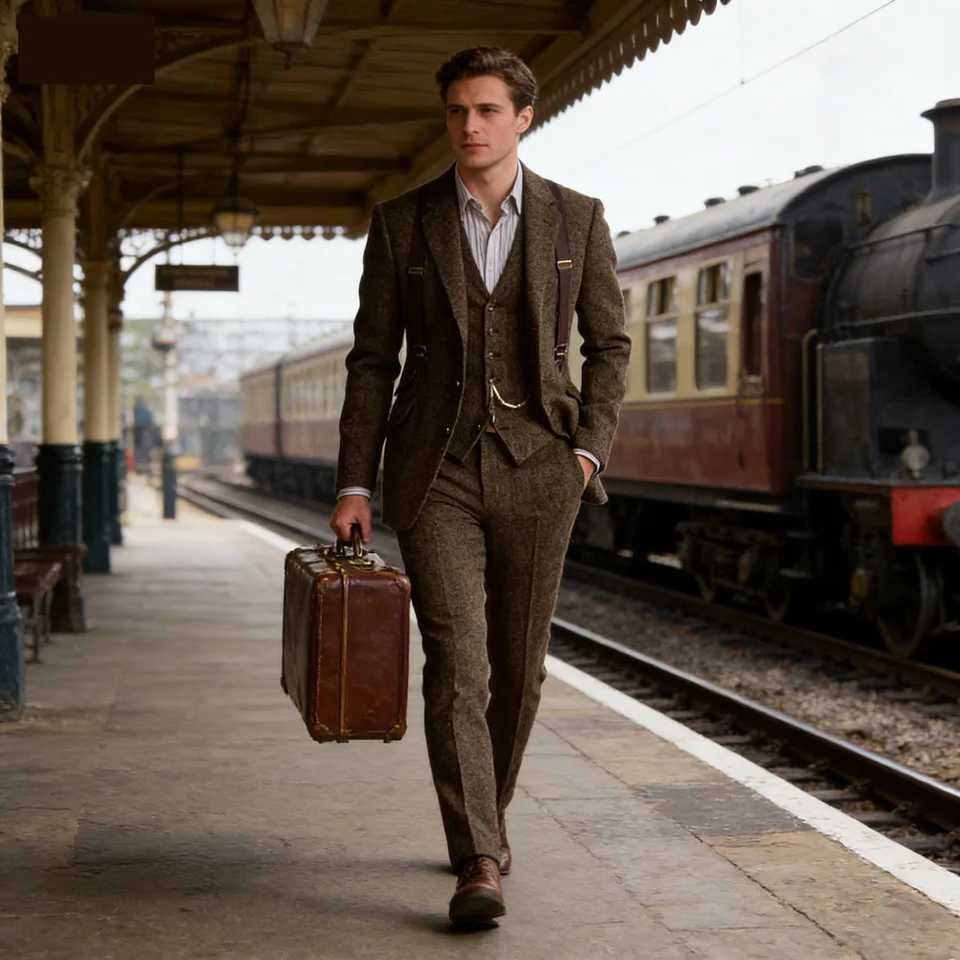 Mens Digital Print 2-Button Terno Set of 3 Pieces Grey Vintage Fishbone Wedding Suit Traditional Portuguese Male Costume M260313