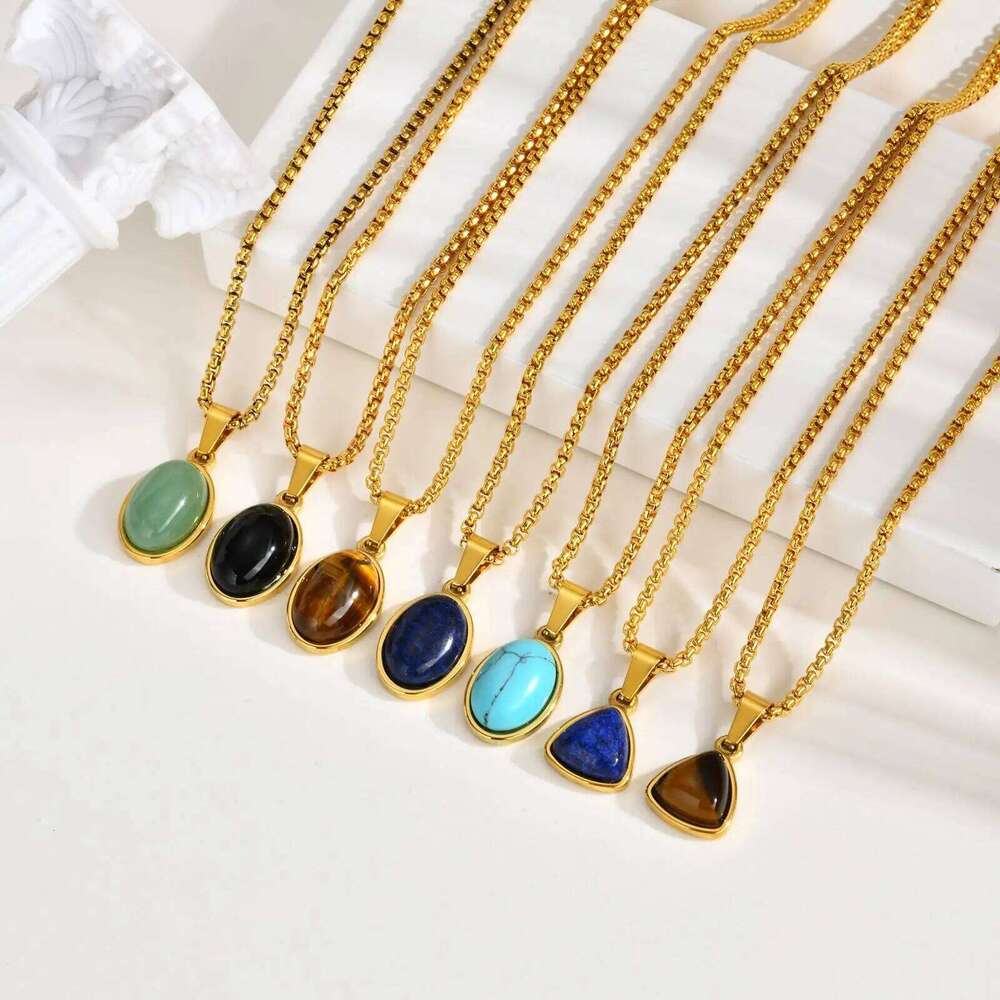 Vnox Trendy Natural Stone Geometric Pendant Necklace for Men, Stainless Steel Gold Color Box Chain Collar, Fashion Charm Jewelry H260312