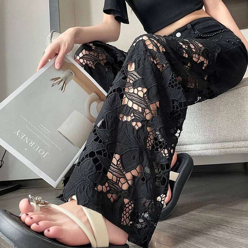 2025 Women's Denim Baggy Jeans flared Black Pants s Patchwork Lace Hollow Out Embroidery Straight New Summer Fashion Z260313