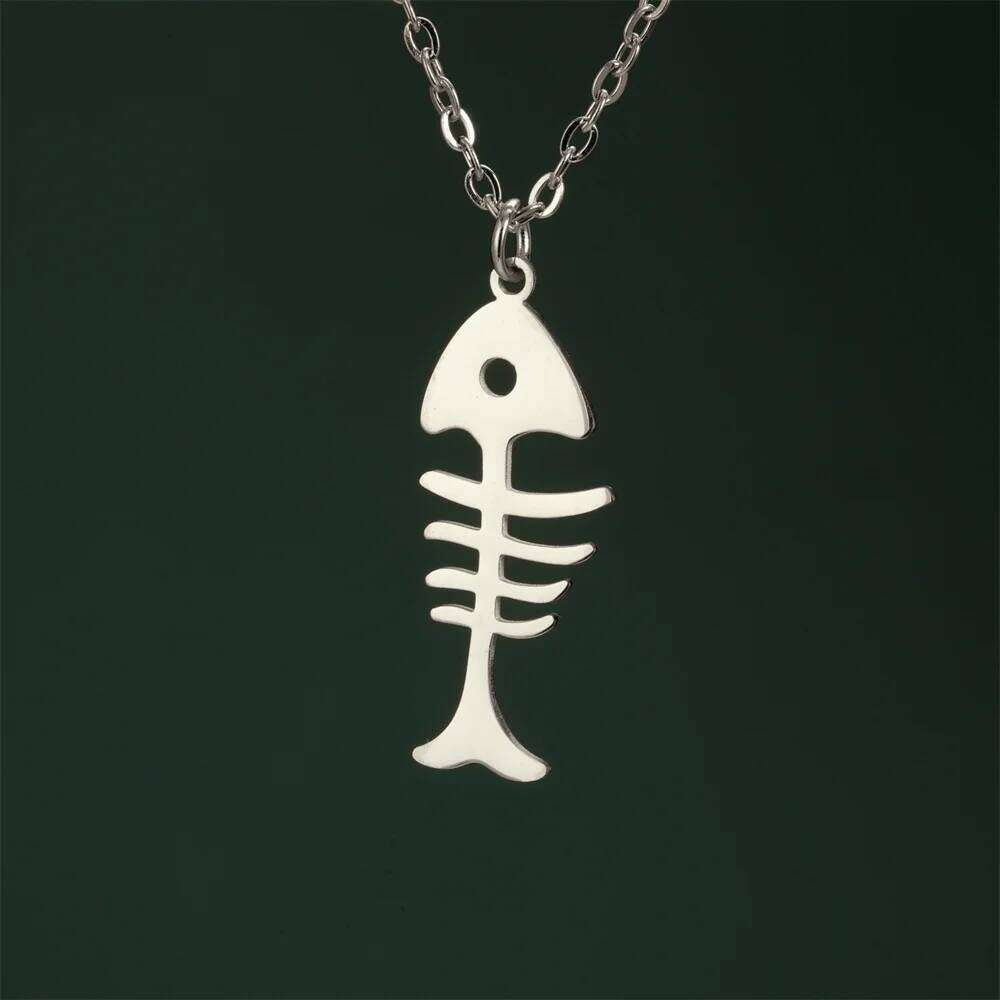 My Shape Cat and Fish Bones Pendant Necklaces for Women Girls Kitten Animals Charms Neck Chain Choker Stainless Steel Jewelry H260312