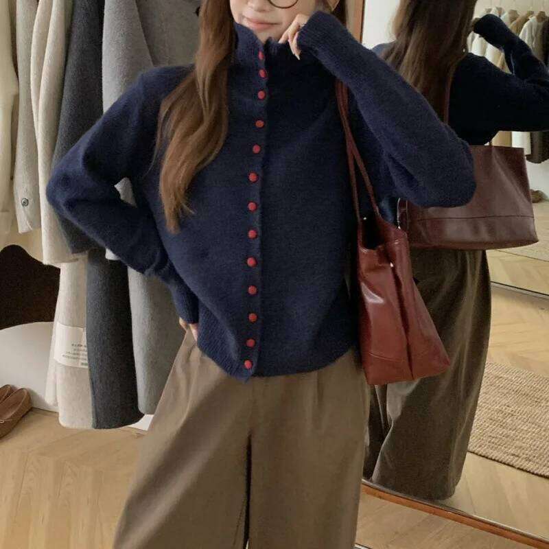 Cardigans Casual High Neck Knit Loose Single Solid Breasted Coats Lazy Style Outerwear For Women In Autumn Winter Z260313