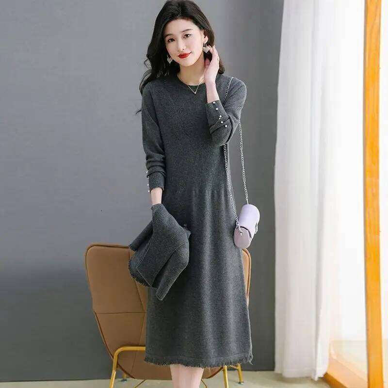 Round Neck Fur Women's Slim Long Base Knitted Loose Autumn and Winter Dress Over the Knee New Style 2024 Z260313