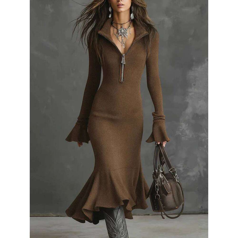 European American New Fashion Women's Slim Solid Color Casual Trendy Daily Turn-down Collar Long Sleeve Knitted Trumpet Dress Z260313
