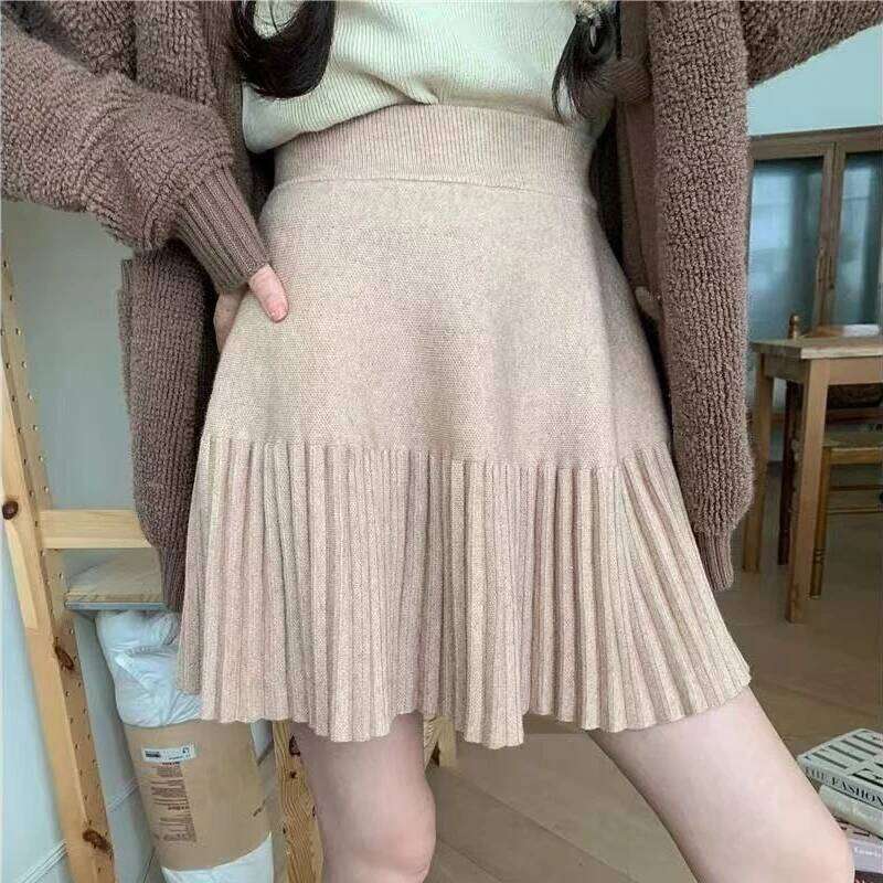 2025 Spring Autumn New High-waisted A-line Skirt Women Knitted Pleated Shirts Lady Solid Color Preppy Style Mini Skirts Z260314