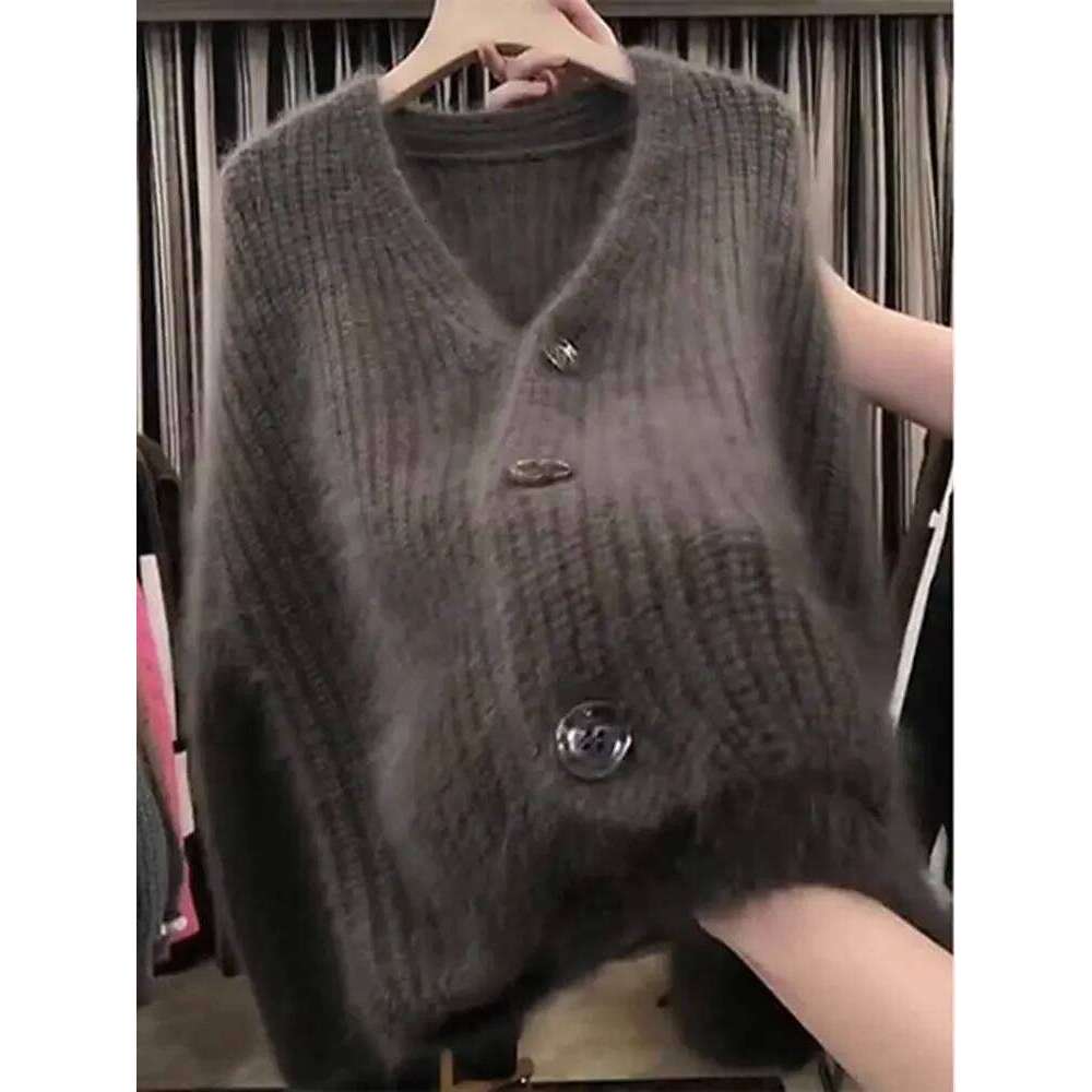 Fluffy Soft Knitted Cardigan V-neck Single Breasted Sweater Women Lazy Coat Crop Tops Design Jackets Long Sleeve Top Z260313