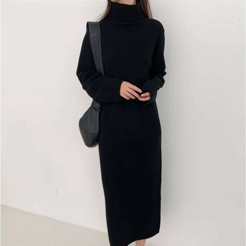 REALEFT Autumn Winter Loose Turtleneck Women's Knitted Dresses 2025 New Long Sleeve Vintage Straight A-line Dress Female Z260314