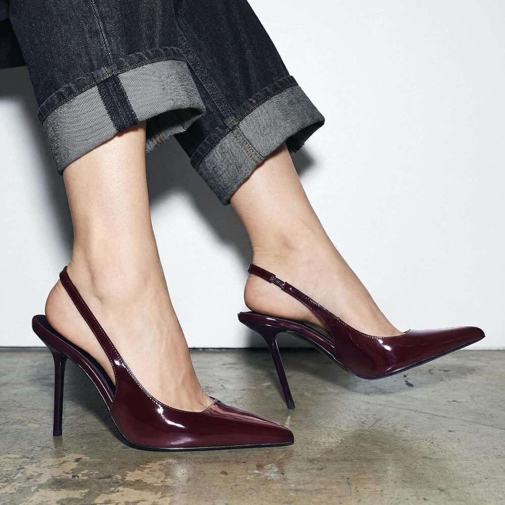 Women S Slingback Stiletto High Pointed Toe Slip On Pumps Shoes Patent Leather Stretch Strap Backless Dress Heels MOJIDASHU