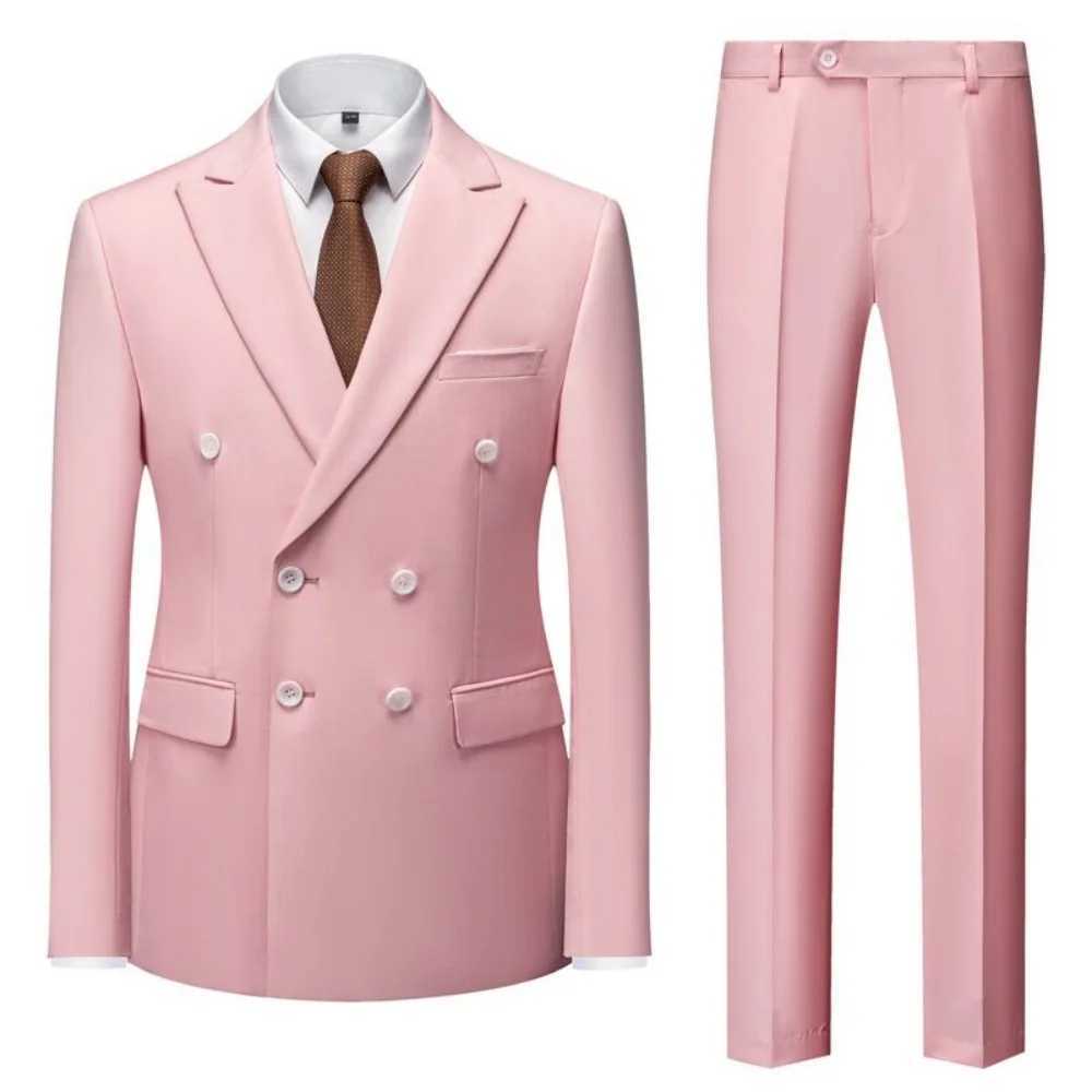 Solid Man Double-breasted 2 Piece Outfit Set Peak Lapel Wedding Business Casual Stage Costume Graduation Suit M260313