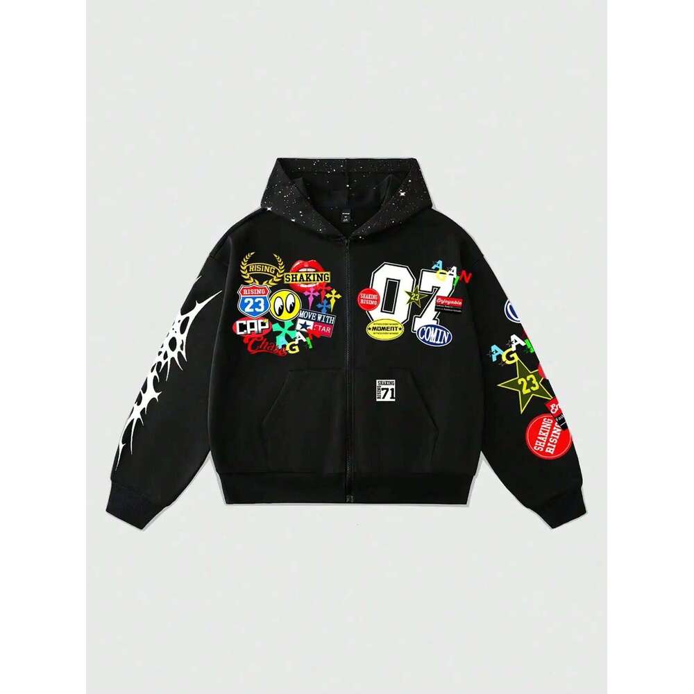 Street Style Graphic Print Zip-Up Hoodie with Patchwork Design for Casual Wear Z260314