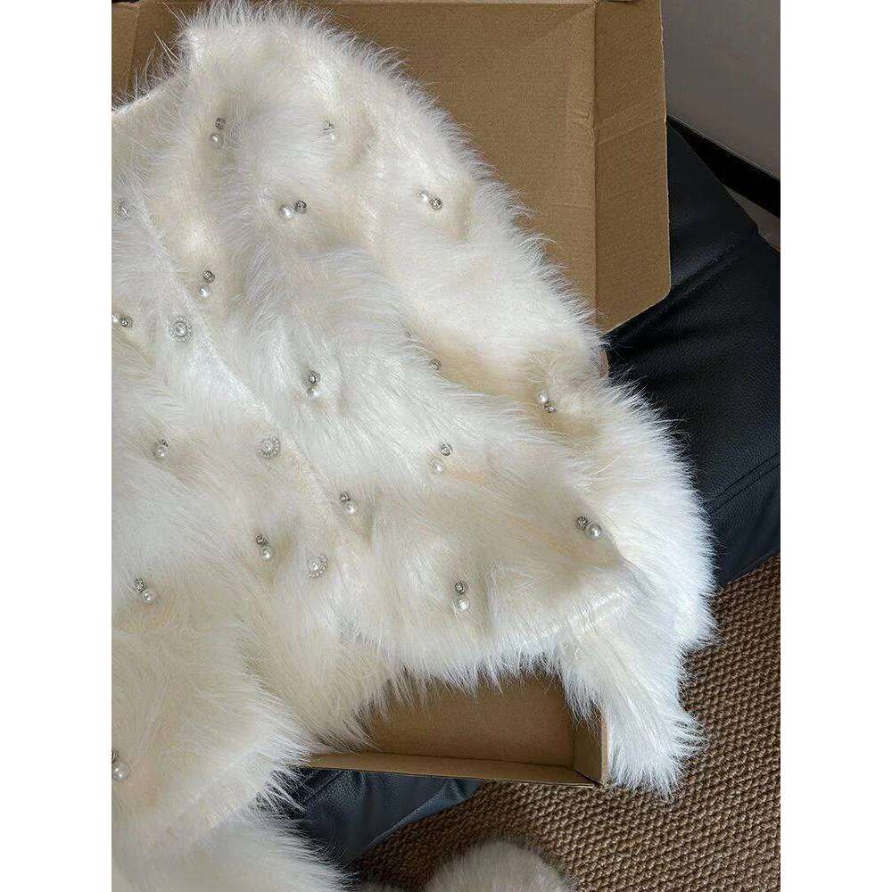 Chic Pearls White Cardigan Sweaters Women Elegant Sweet Faux Mink Cashmere Coats Korean Long Sleeve Fashion Knitted Tops Z260313
