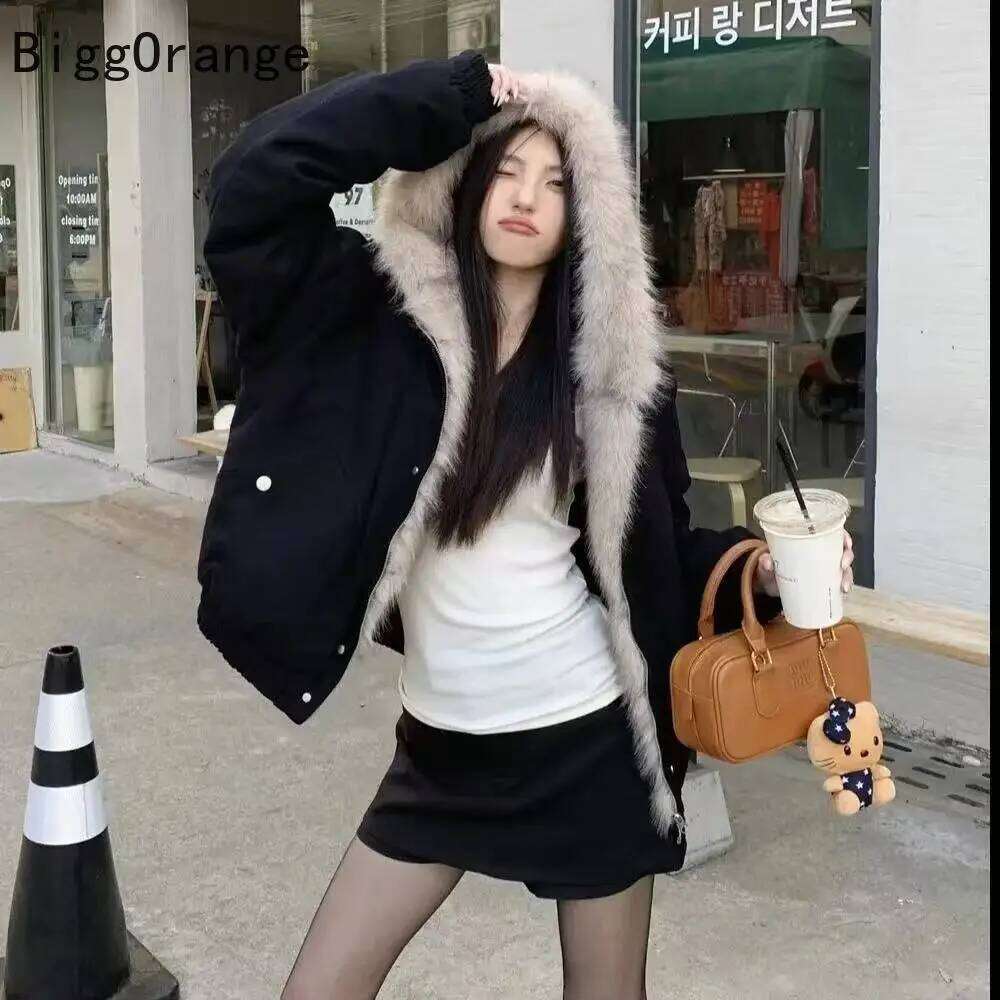 American vintage warm fashionable and simple, loose biker punk jacket, hip-hop style, winter fur collar hooded jacket Z260313