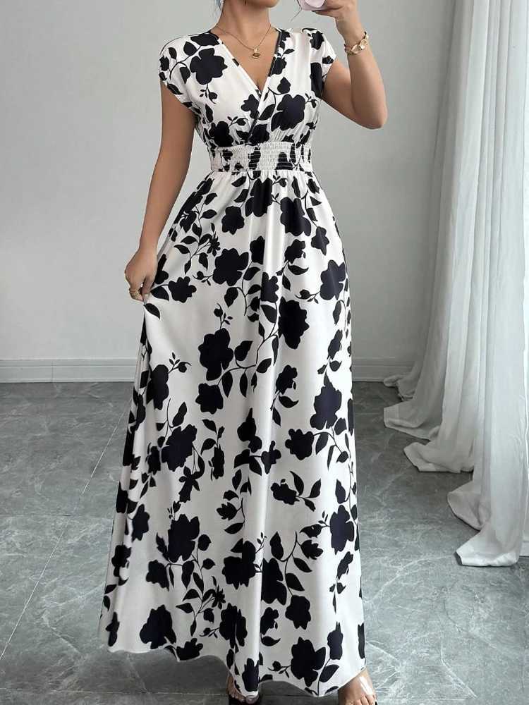 New Summer Womens Printed Lace-up Maxi DressShort Sleeved DressesCasual DressesFloral DressesElegant Dresses For LadiesT260316