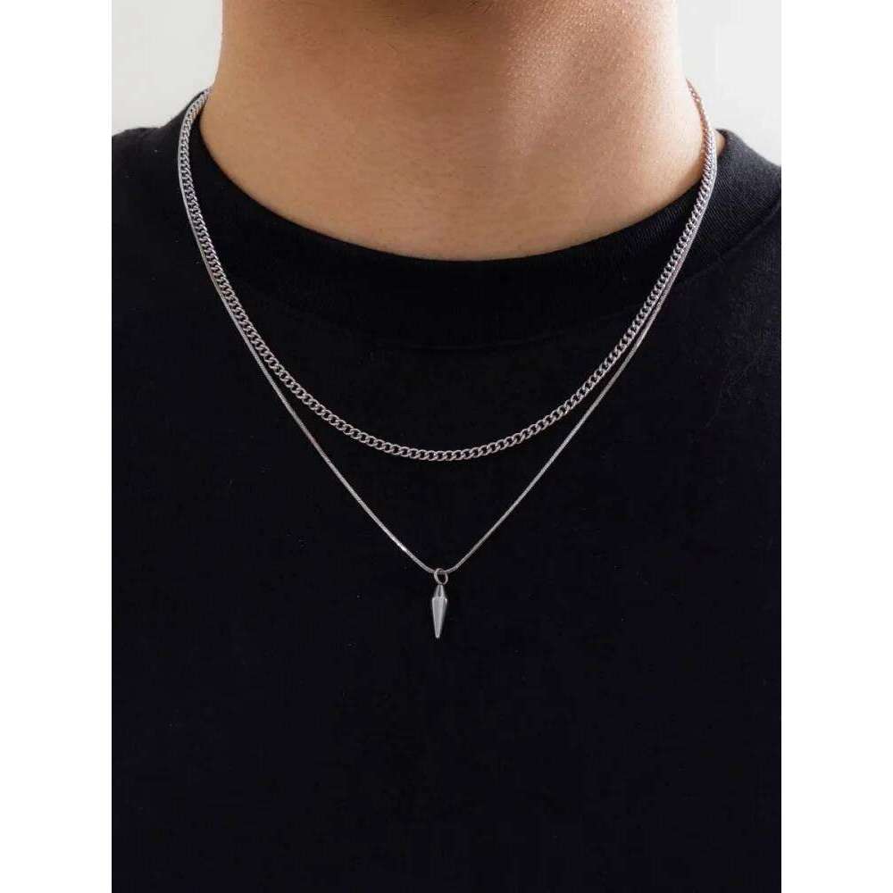 1 Piece Simple Double Layered Studded Hip Hop Personalized Fashion Alloy Silver Color Men's Pendant Necklace H260312