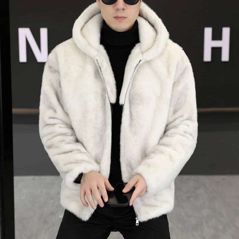 2025 Winter Mink Leather Jacket for Men Thick and Warm Hooded Faux Fur Coat Casual Social Streetwear Windproof Jackets Z260313