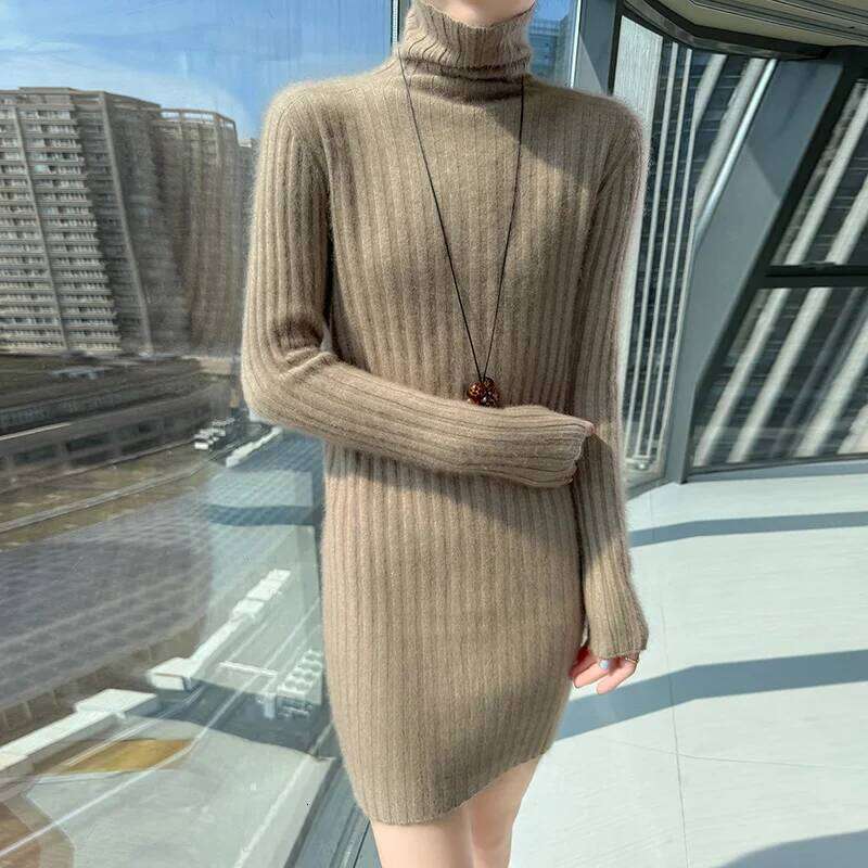 100% Pure Mink Cashmere knitted Dress Women's High-Neck Slim Medium-length Skirts Fashion Sprout Joker High Waist Hip Skirt 2025 Z260314