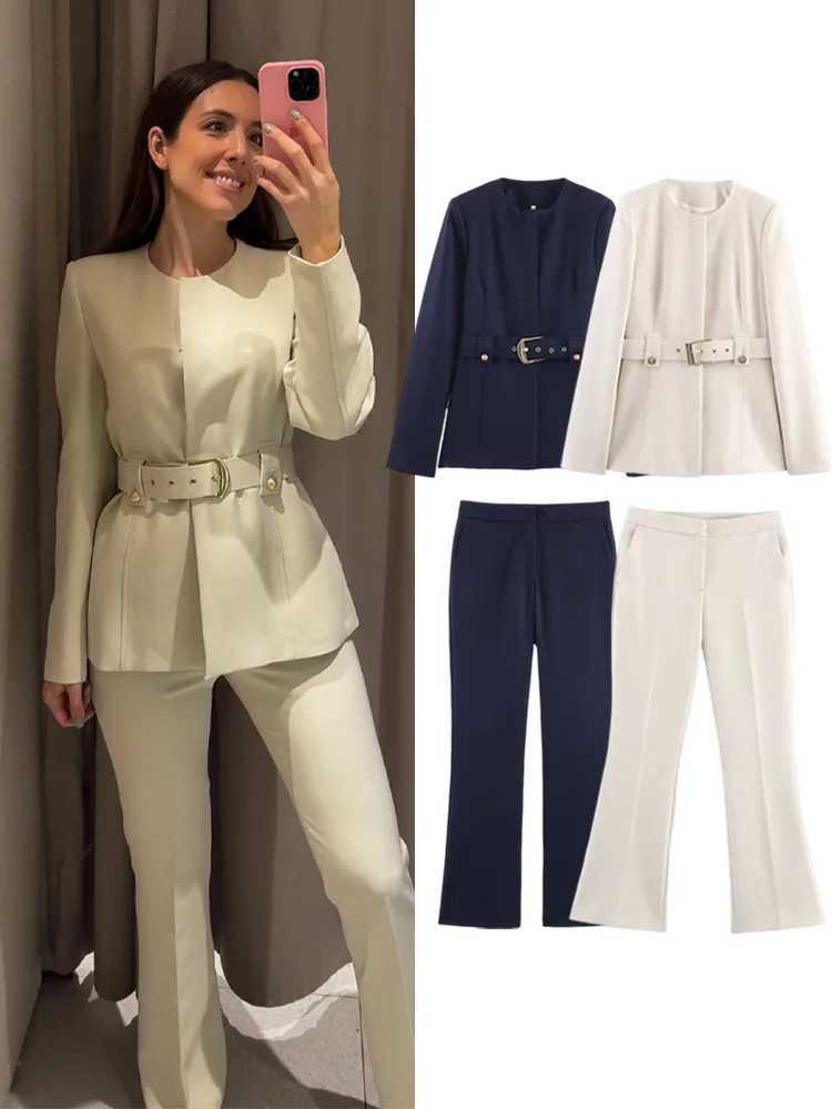 HH Women O-Neck Fashion Long Sleeve Button With Belt Suit JacketPockets Zipper High Waist Slim Pants Solid 2-Piece Set M260313