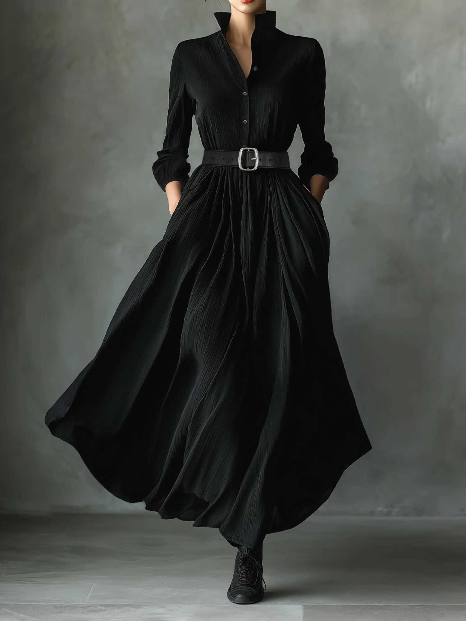 Womens Black Textured Maxi Dress with Stand Collar Button Placket and Matching BeltT260316
