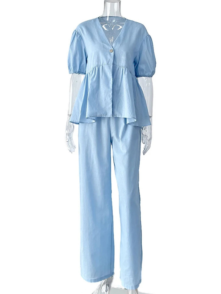 Mumaroho 2025 Women Spring Summer Holiday Pant Set Suits Cotton Solid Outfits V-neck 2 Two Piece Matching Set For Women 260309