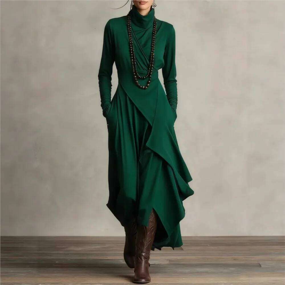 Irregular Solid Color Sleeve Spring Autumn Women's New Cross High Neck Long Dress Vestidos Para Ropa Mujer Z260313