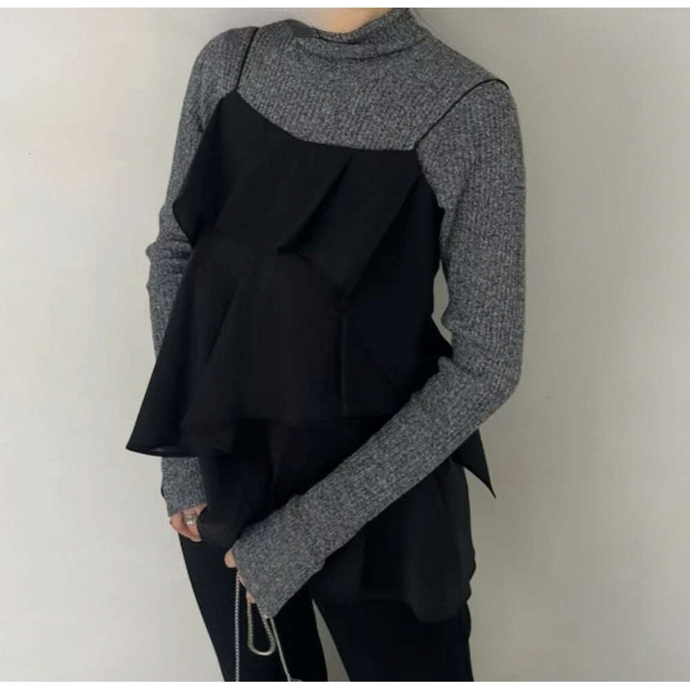 2026 Spring/Summer Designer Women's Sweet Ruffle Tank Top and High Neck Knitted Shirt Two Piece Set