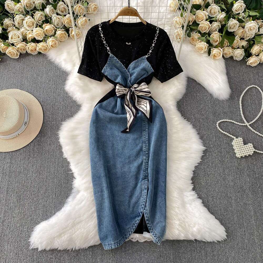 Designer style retro color blocked denim women's spliced round neck dress, summer tie for slimming and elegant slit