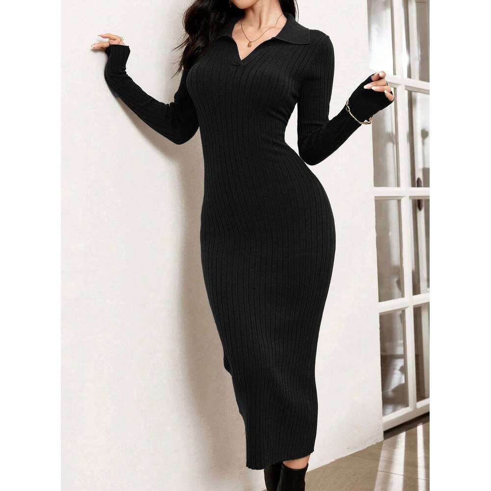 Elegant long-sleeved black knit with turn-down collar; a slim-fitting sweater dress for spring and autumn Z260314