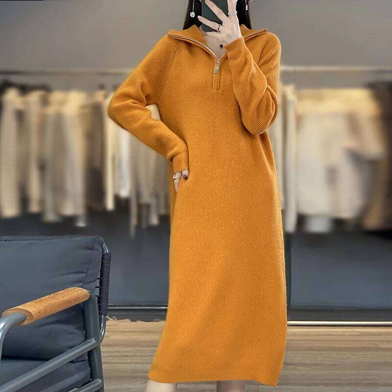 Thick Zipper Mock Neck Chic Elegant Soft Warm Striped Basic Comfort Women's One-piece Dress 100% Merino Wool Exquisite Sweater Z260313