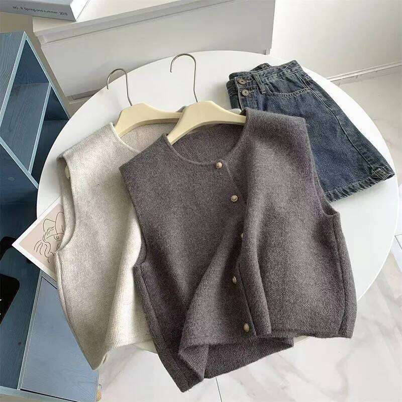 Fashion Gold Buttons Vest Fall Loose Women Knitted Sweater Causal O Neck Ladies Cardigan Tanks Autumn Solid Female Coats New Z260313