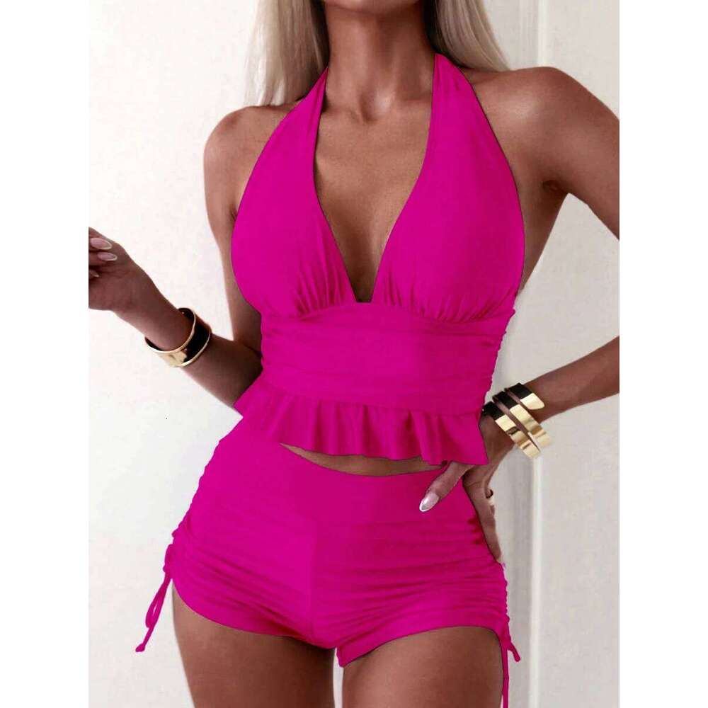 Halter Tankini Two Piece Swimsuit Women 2026 Solid Swimwear Female Bathers Bathing Swimming Swim Suit Beach Wear XXL 26H0313